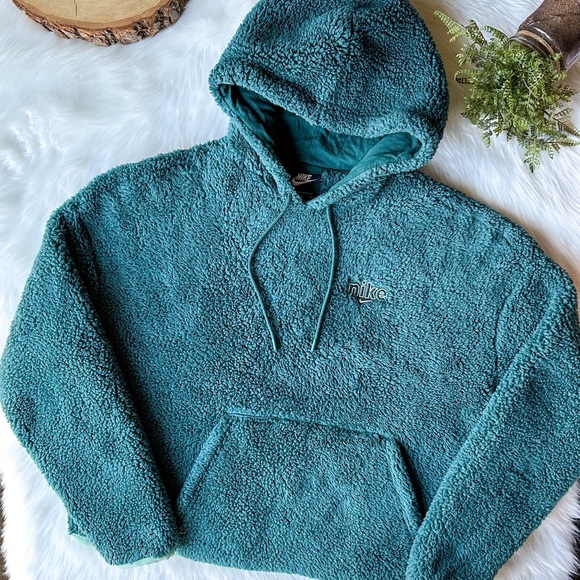 Nike Sportswear DK Atomic Women Sweatshirt M Teal Hoodie Teddy Sherpa Pullover - Picture 2 of 5